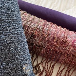 Purple cotton scarf, open knit poncho and rayon wool pashmina.